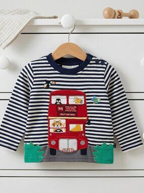Jojo Maman Bebe Double-Decker Bus Safari Stripe Top size 6-12 Months